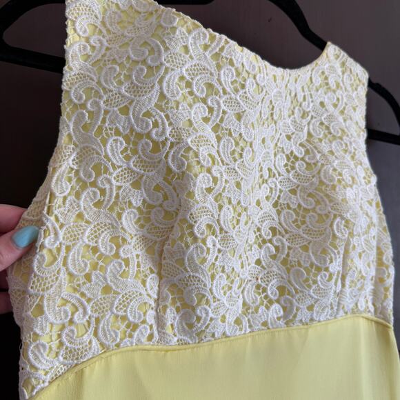 1960s Vintage Yellow and white Silk Chiffon and lace  Bow train column dress 6-8 - Picture 3 of 10